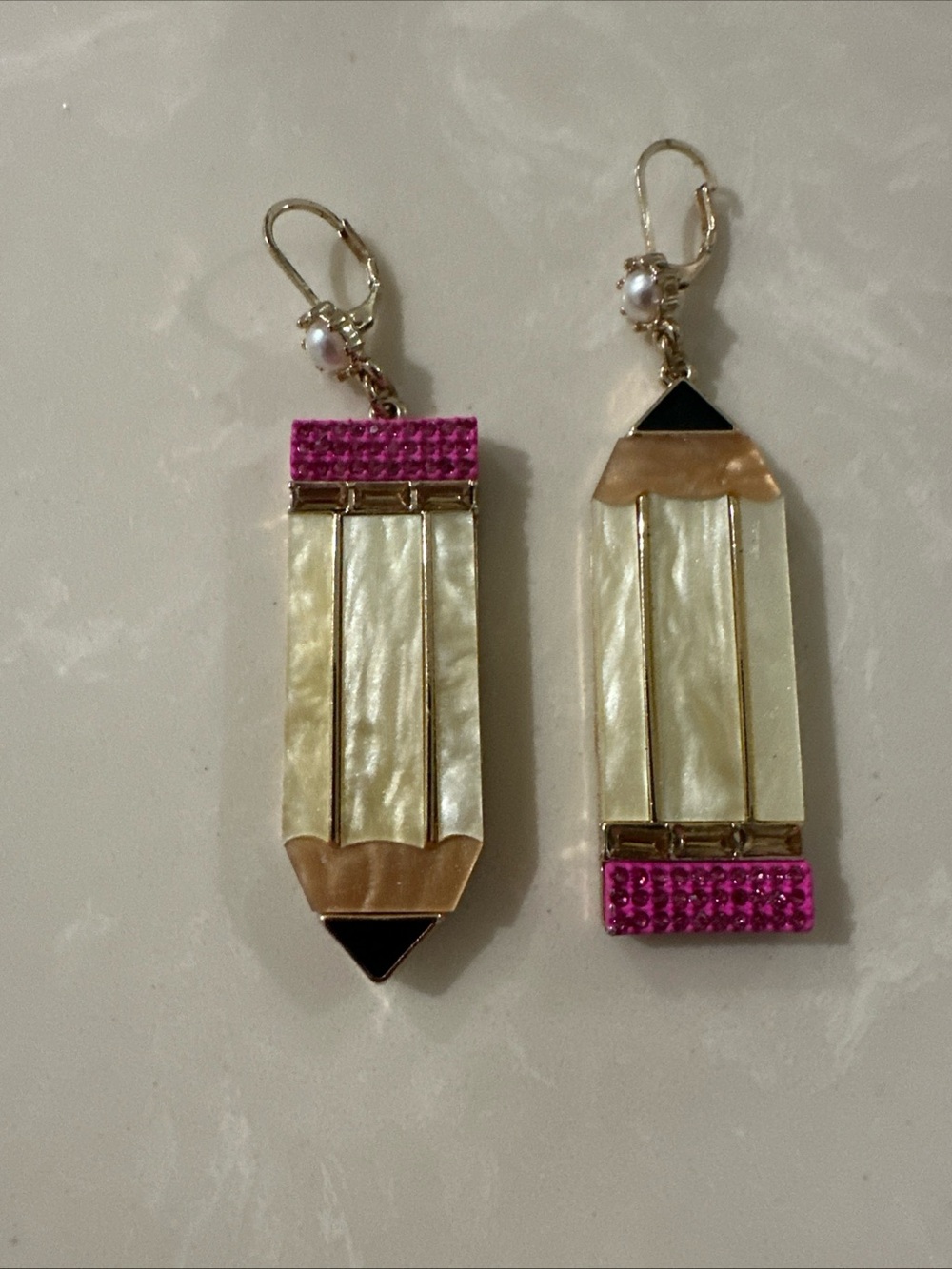 Betsey Johnson Large Pencil Drop Earrings Gold Tone Pink Rhinestone Teacher Gift